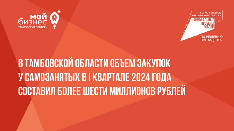 В Тамбовской области объем закупок у самозанятых в I квартале 2024 года составил более шести миллионов рублей.